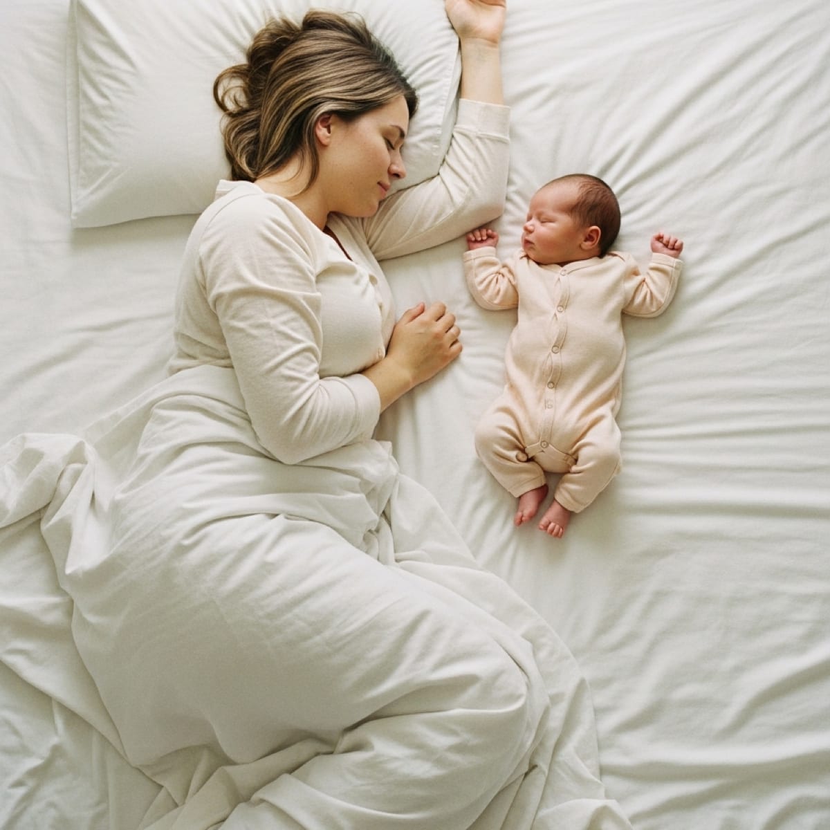 Cosleeping Foundations cover: a mother lying on her side with her newborn, peacefully asleep on white bedding.